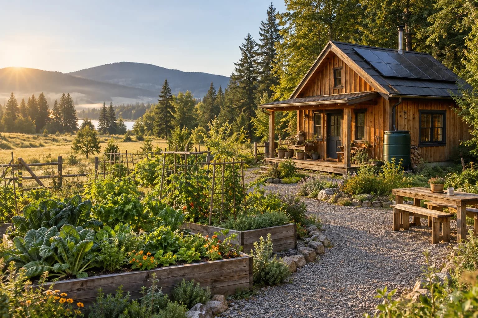 A timber cabin with solar panels, raised garden beds and a rainwater barrel beside a meadow