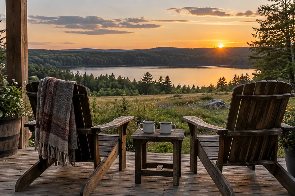 An illustration of two chairs on a cabin porch overlooking a meadow at evening