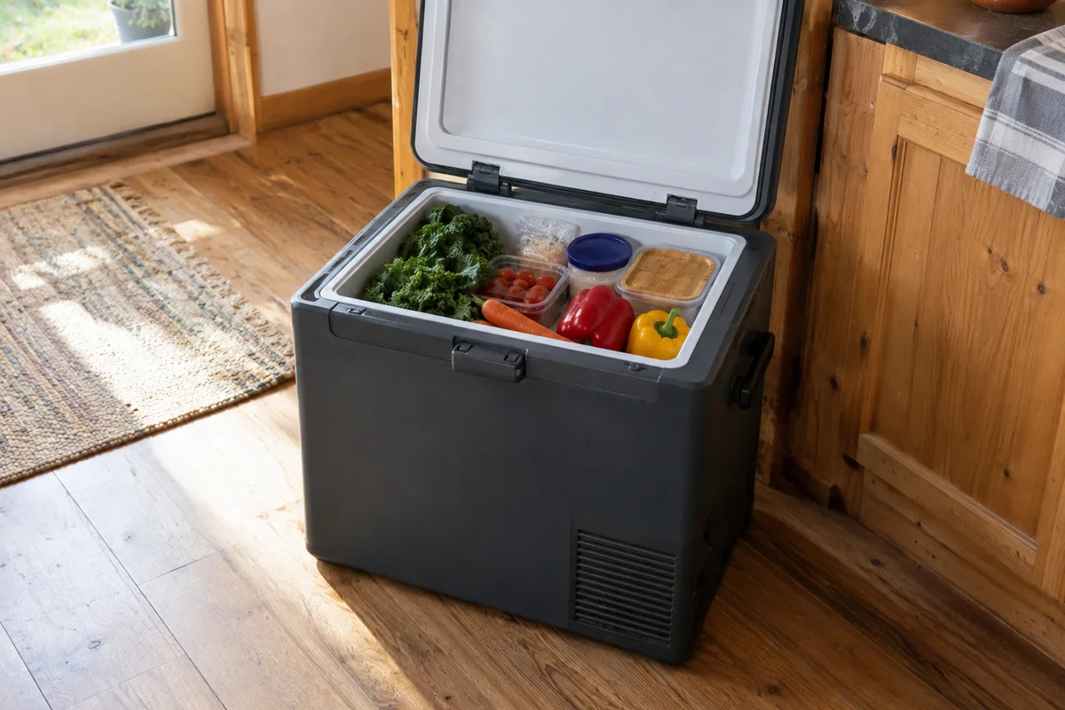 A compact unbranded top-opening refrigerator with food inside on a cabin floor.