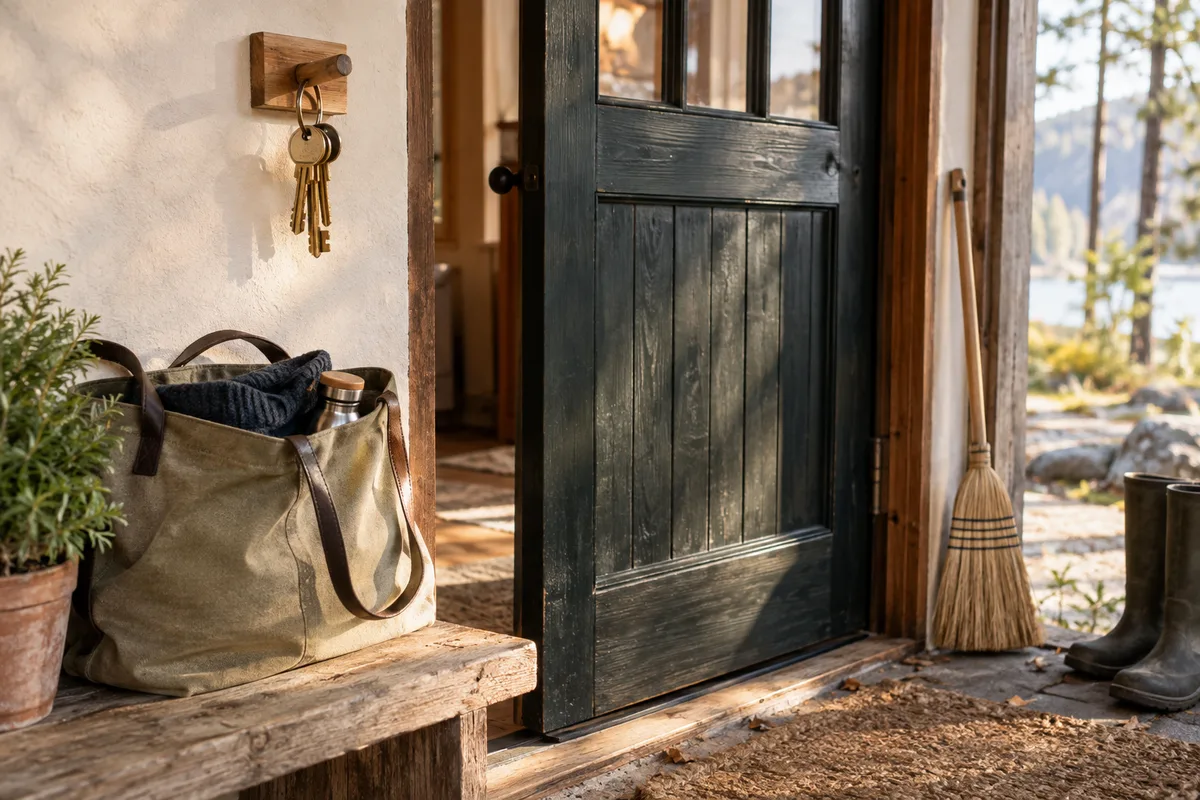 Keys on a wooden hook beside a packed tote and a swept doorway.
