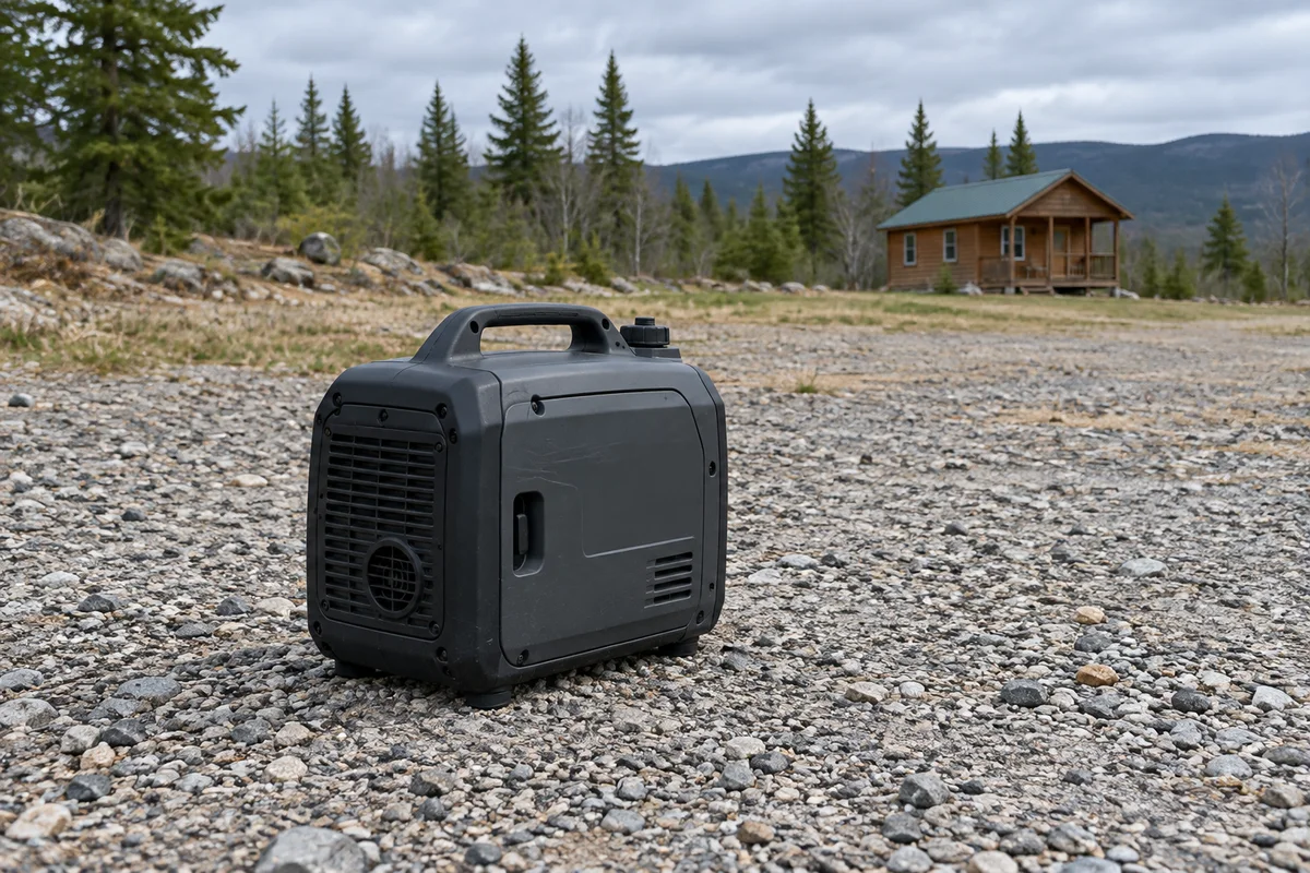 An unbranded disconnected portable generator on an open gravel clearing, with a cabin in the distant background.