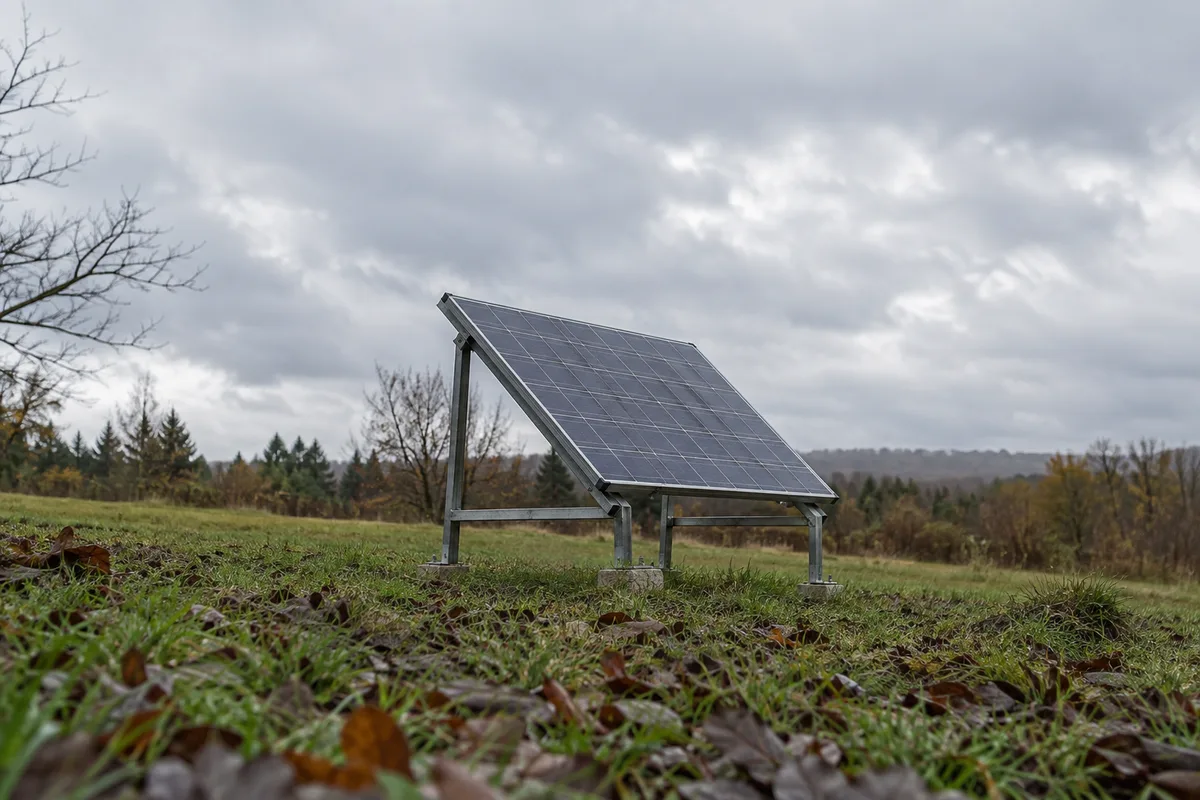 A small solar panel in a grassy clearing under an overcast sky.