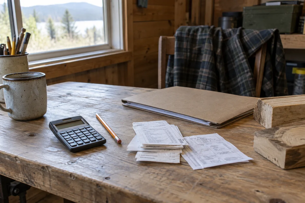 A calculator, receipts, pencil and timber samples on a project planning desk.