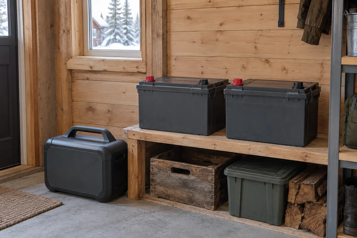 Two disconnected unbranded battery cases with capped terminals and a portable power station in a timber room.