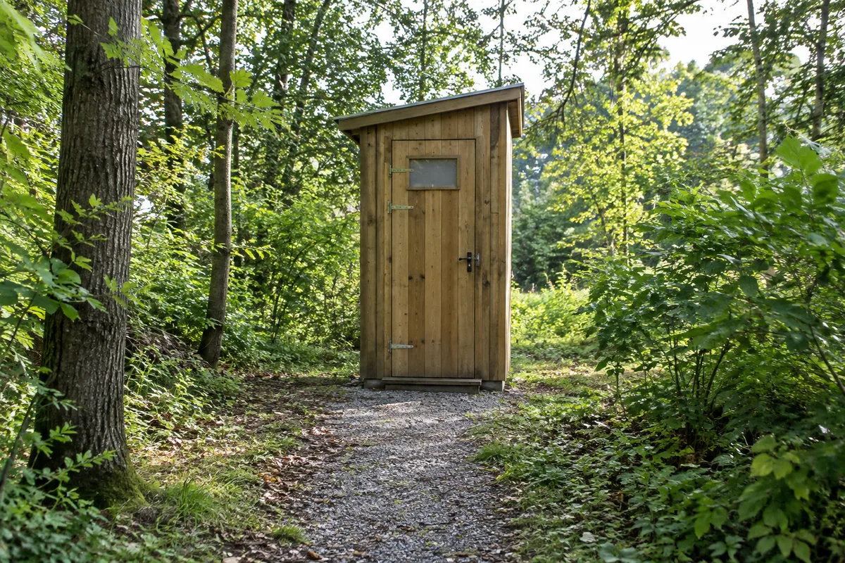 A small timber washroom in a clearing, with its simple path and entrance visible.