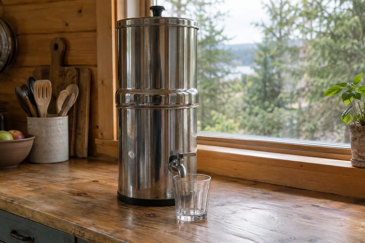 An unbranded stainless countertop water dispenser and an empty glass beside a cabin window.