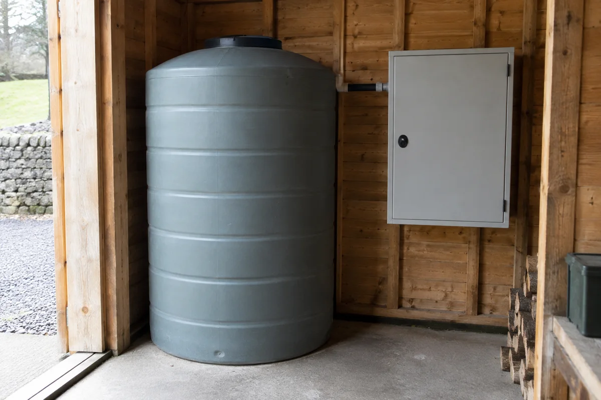 A closed water tank and utility cabinet in a small timber service shed.