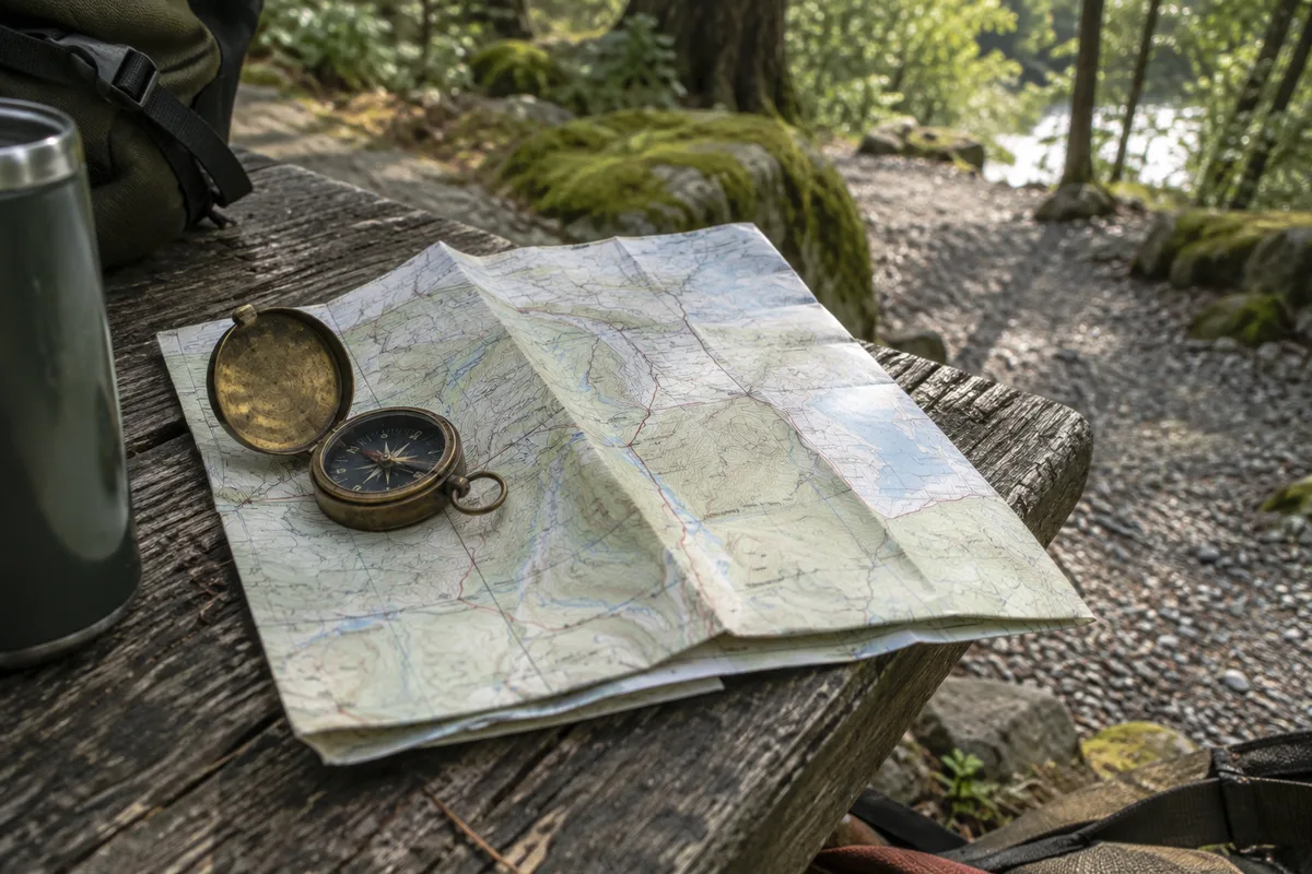 A folded map and compass on a weathered table beside a woodland trail.