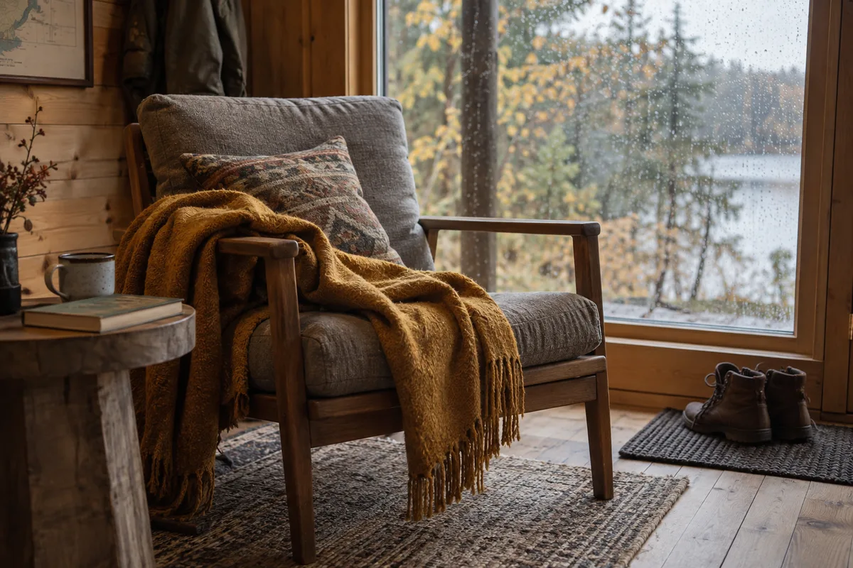 A reading chair, wool blanket and wet-weather boots beside a cabin window.