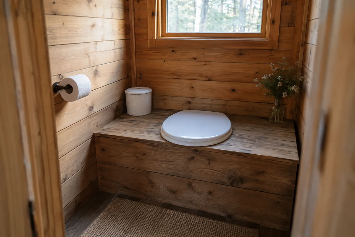 A simple timber cabin washroom with a closed white toilet seat on a plain wooden bench.