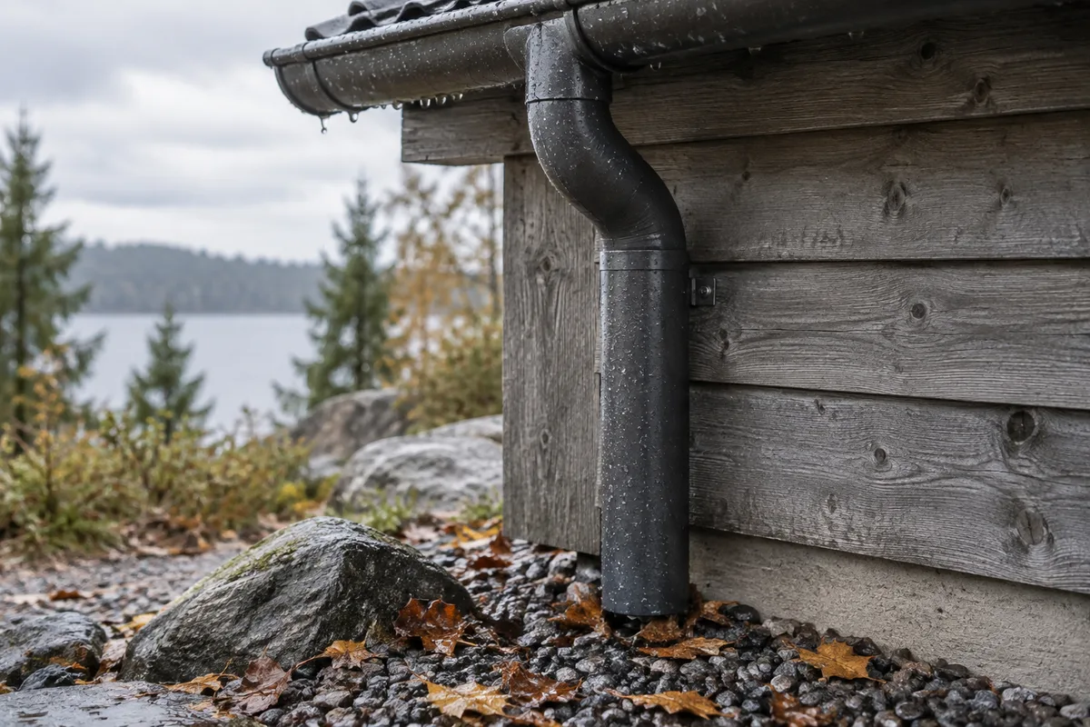 Rain on an unbranded gutter and downpipe against a timber cabin wall.