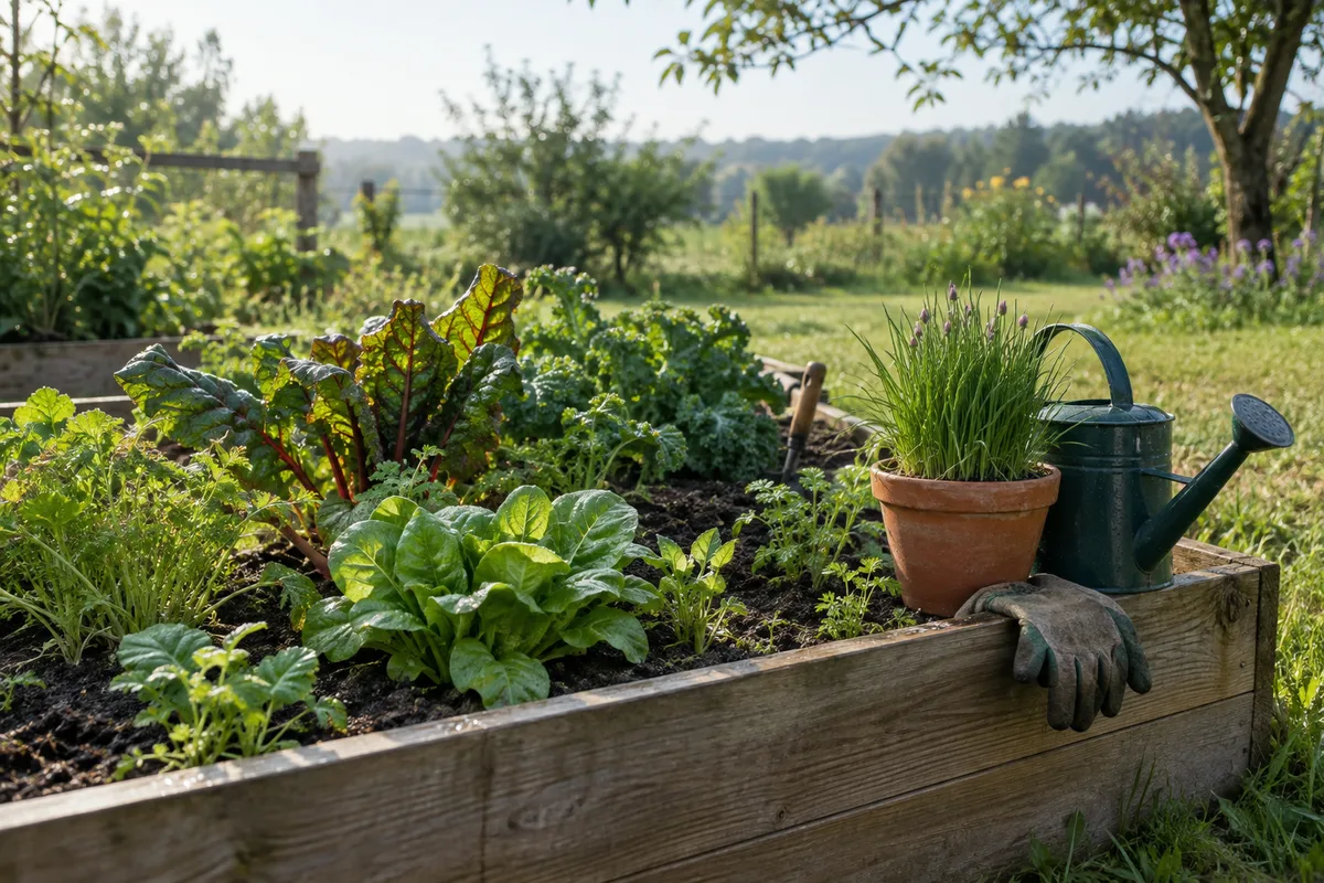 A small herb and vegetable planting with a watering can beside it.