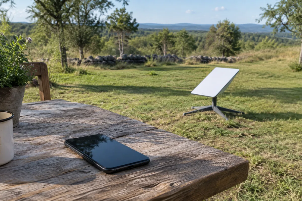An unbranded phone and a small satellite terminal beneath a broad open sky.