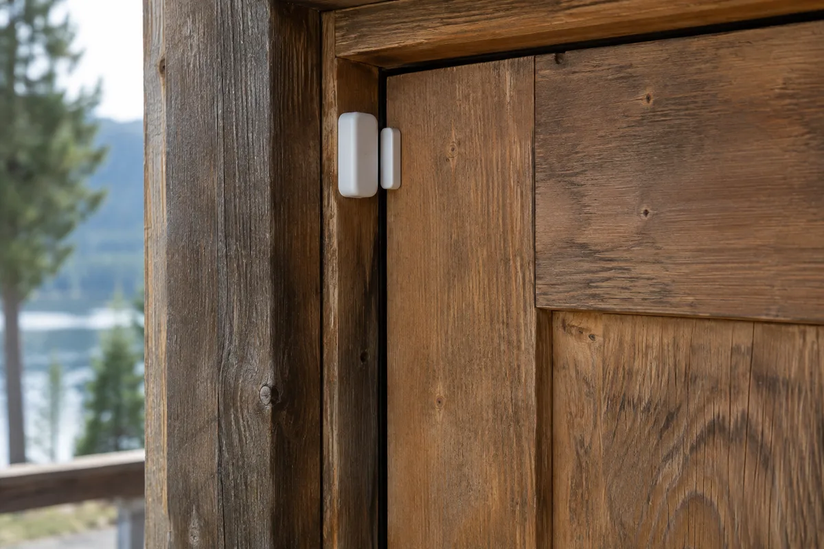 A two-piece contact sensor aligned across a closed timber door and its frame.