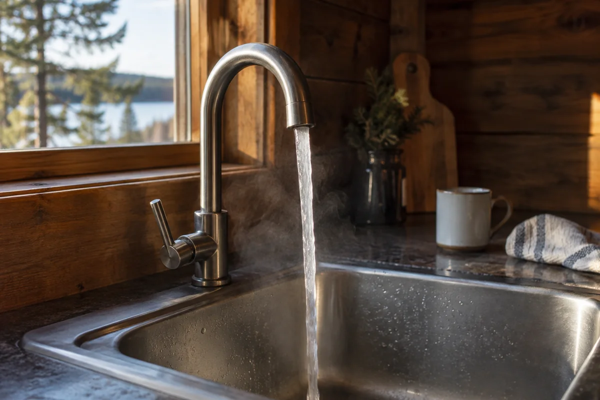 Warm water flowing from a kitchen faucet into a stainless sink in a cabin.