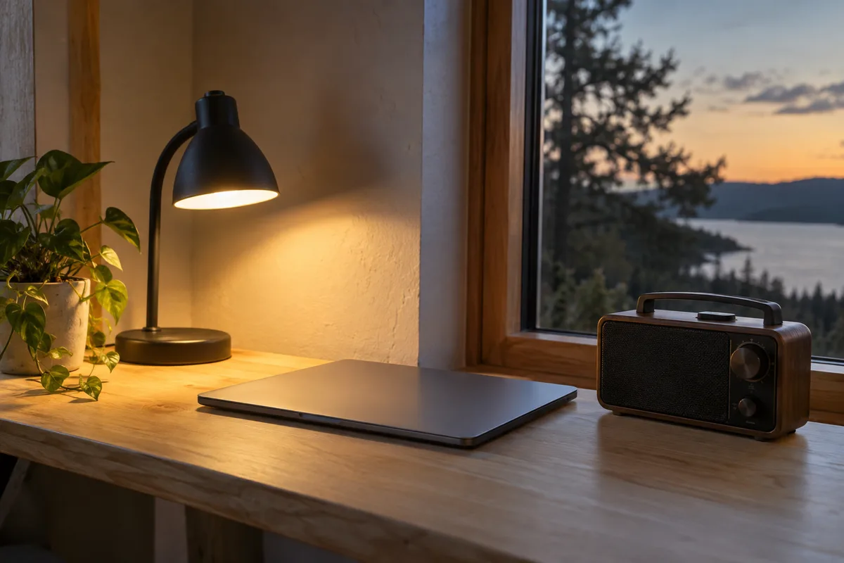 A reading lamp, closed laptop and small radio on a wooden shelf.