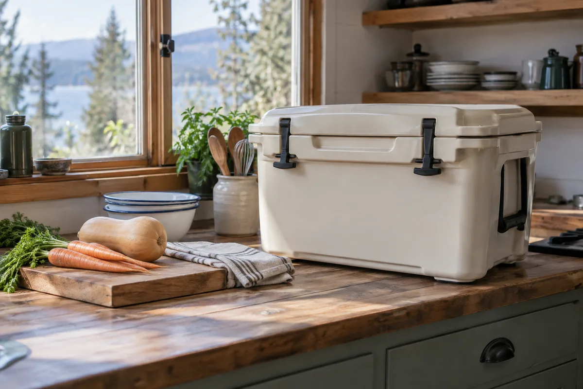 A simple meal preparation counter beside a closed insulated cooler.