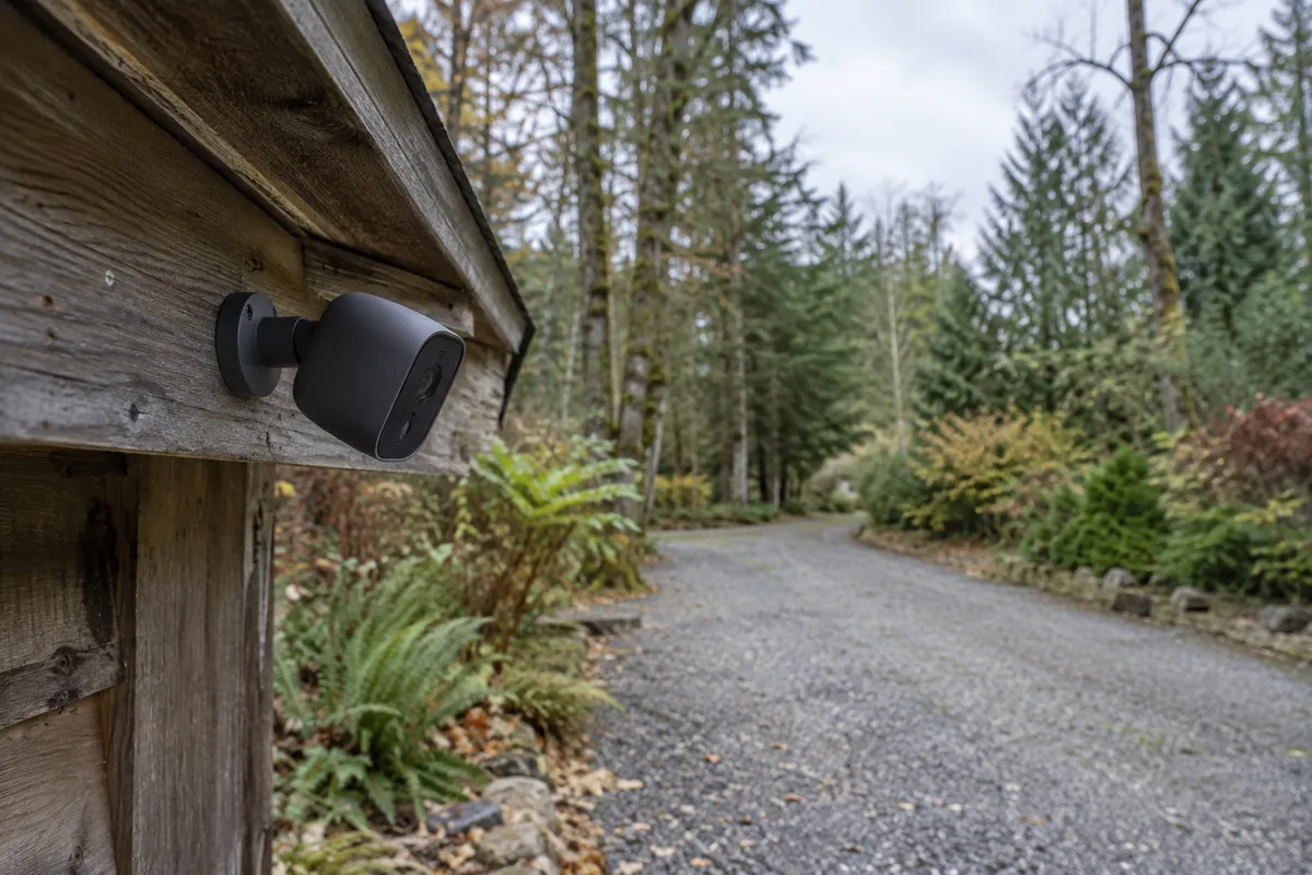 An unbranded outdoor camera on a timber shed overlooking an empty woodland driveway.