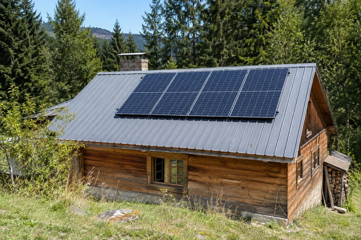 Solar panels on the roof of a modest timber cabin in a sunny clearing.