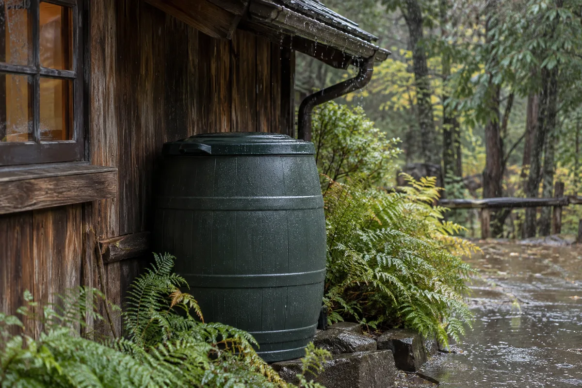 A covered rain barrel beside a timber outbuilding during rain.