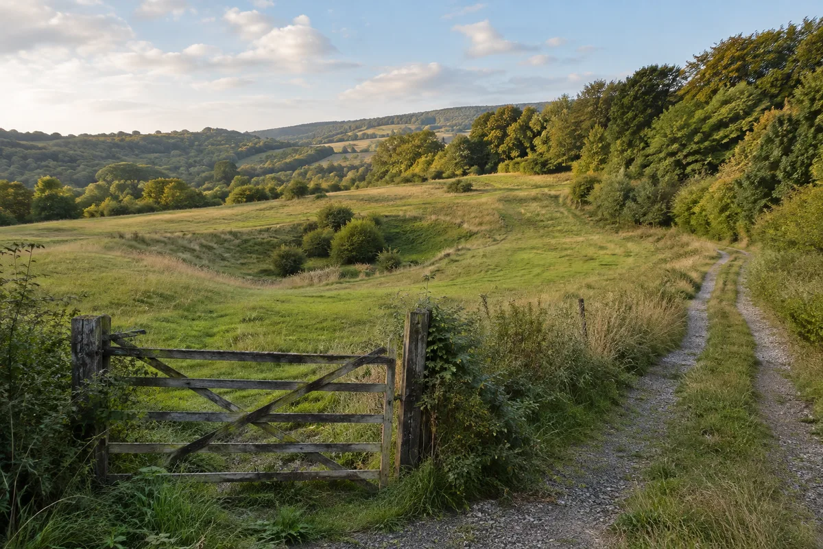 An open meadow showing a winding access track, trees and the slope of the land.