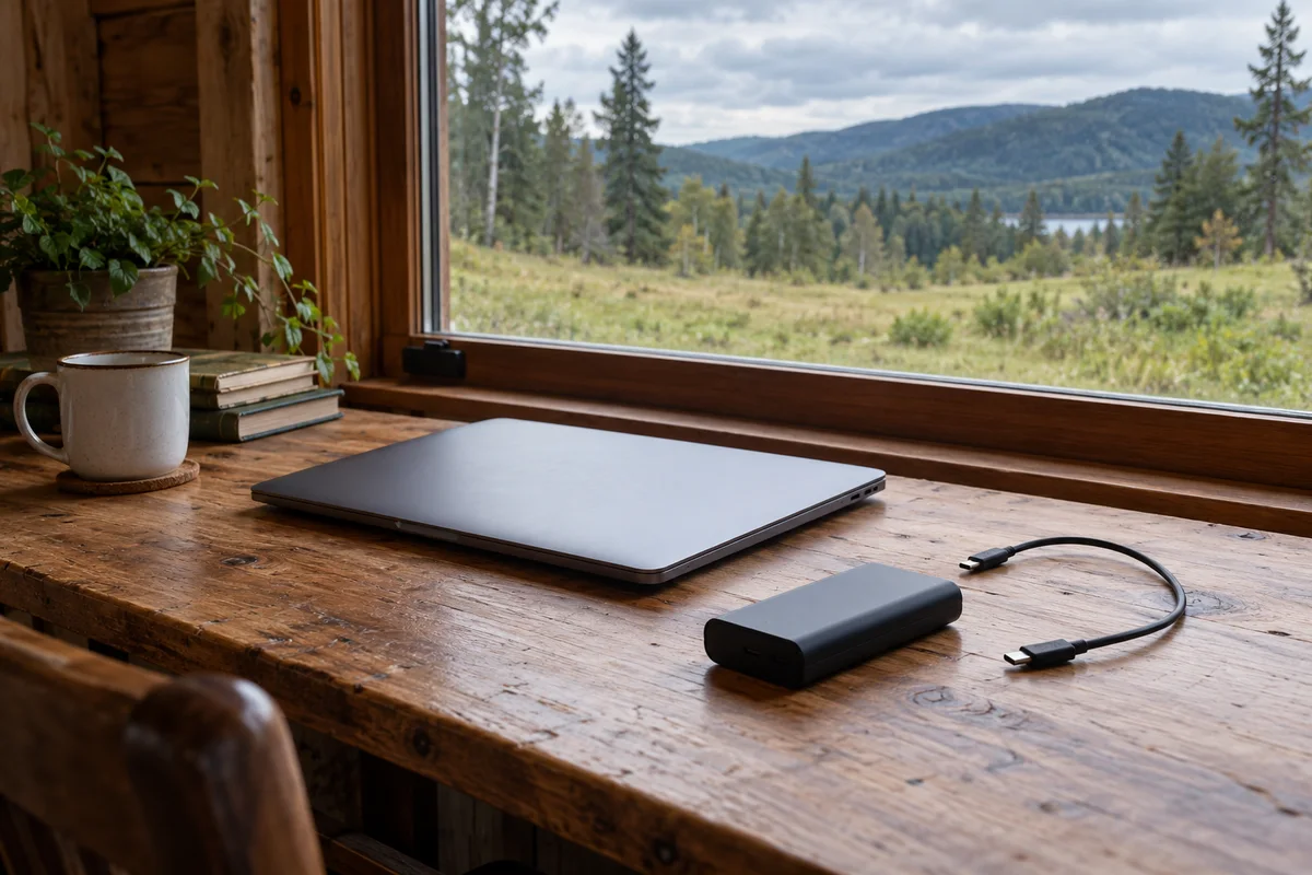 A closed laptop, an unbranded power bank and a loose USB cable on a wooden desk beside a cabin window.