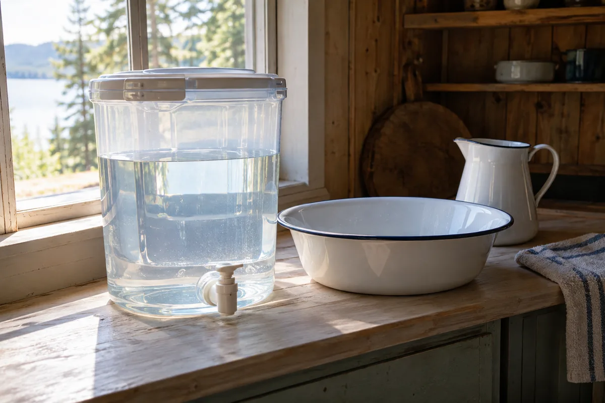 A clean water container, enamel basin and jug on a cabin counter.
