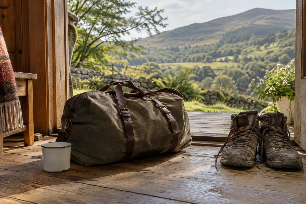 A travel bag and boots on a porch facing a quiet landscape.